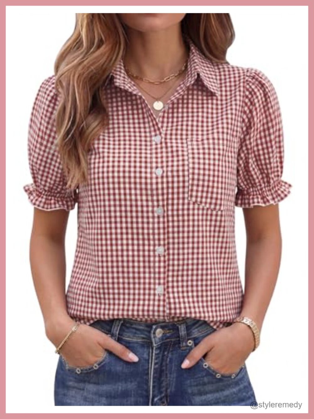 Linen Button Down Blouse Puff Sleeve V-Neck Work Top